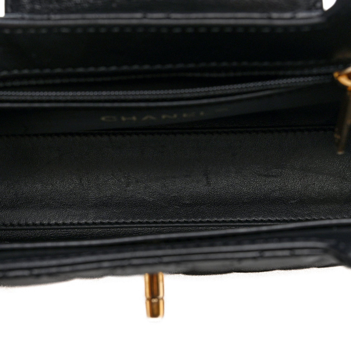 Shiny Aged Calfskin Quilted Mini Kelly Shopper Black