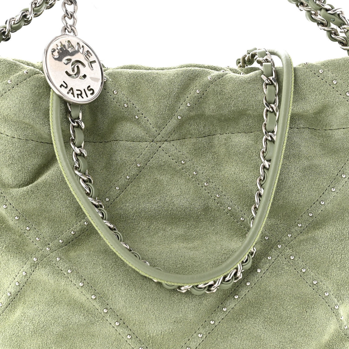Suede Stitched Quilted Studded Mini Chanel 22 Light Green