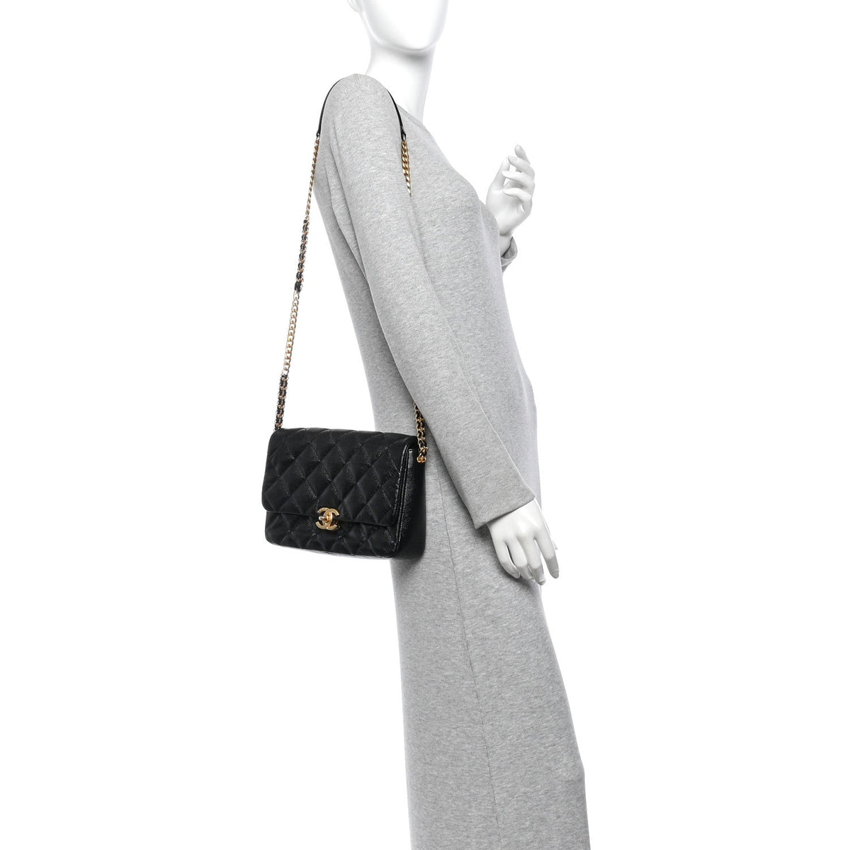 Shiny Caviar Quilted Large Chain Melody Flap Black