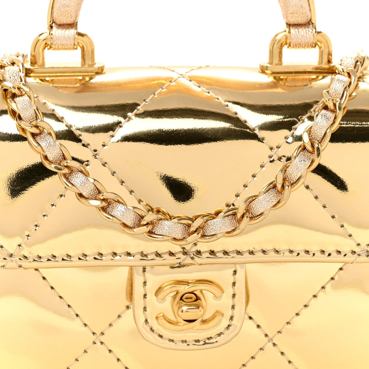 Mirror Metallic Calfskin Quilted Mini Top Handle Flap Gold