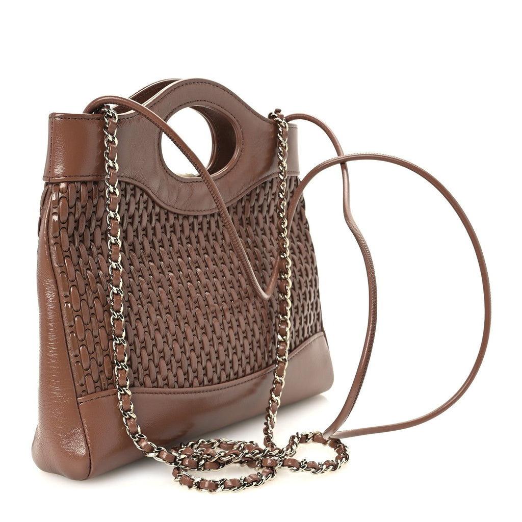 Shiny Lambskin Patent Calfskin Quilted Mini 31 Shopping Bag Brown