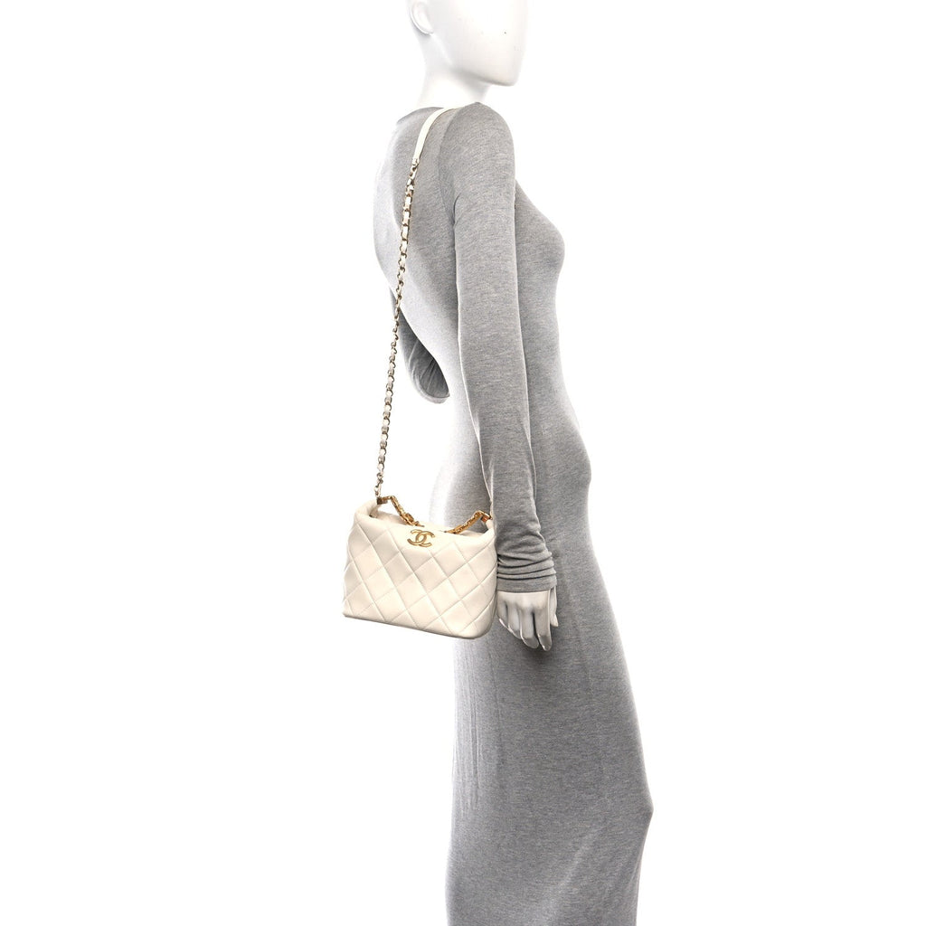 Lambskin Quilted CC Crystal Signature Chain Hobo White