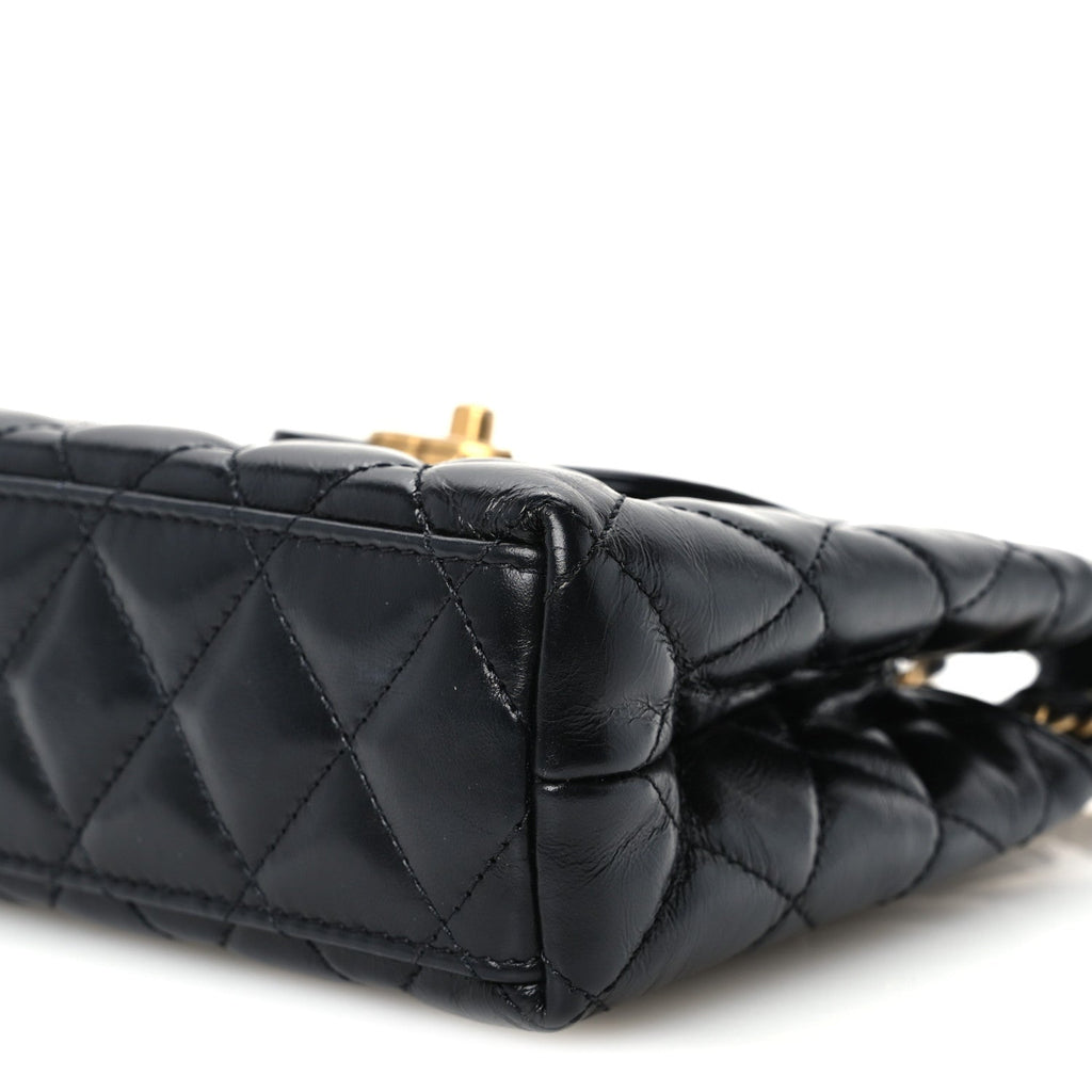 Shiny Aged Calfskin Quilted Nano Kelly Shopper Black