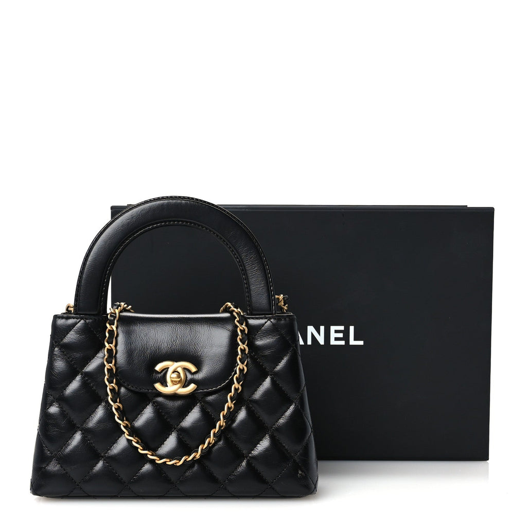 Shiny Aged Calfskin Quilted Nano Kelly Shopper Black