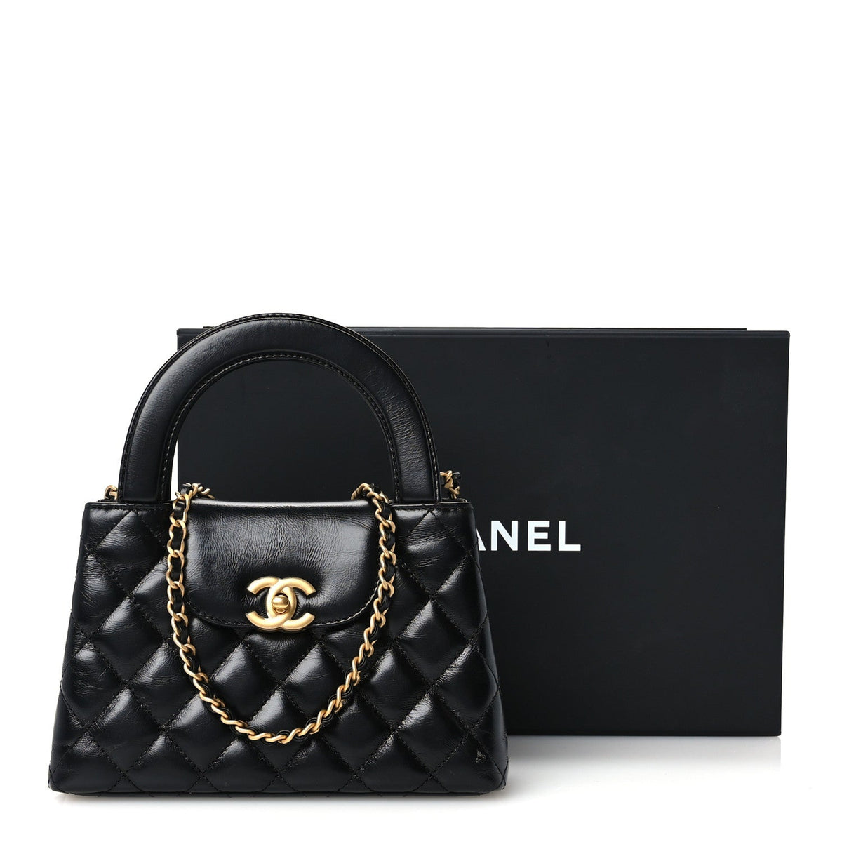 Shiny Aged Calfskin Quilted Nano Kelly Shopper Black
