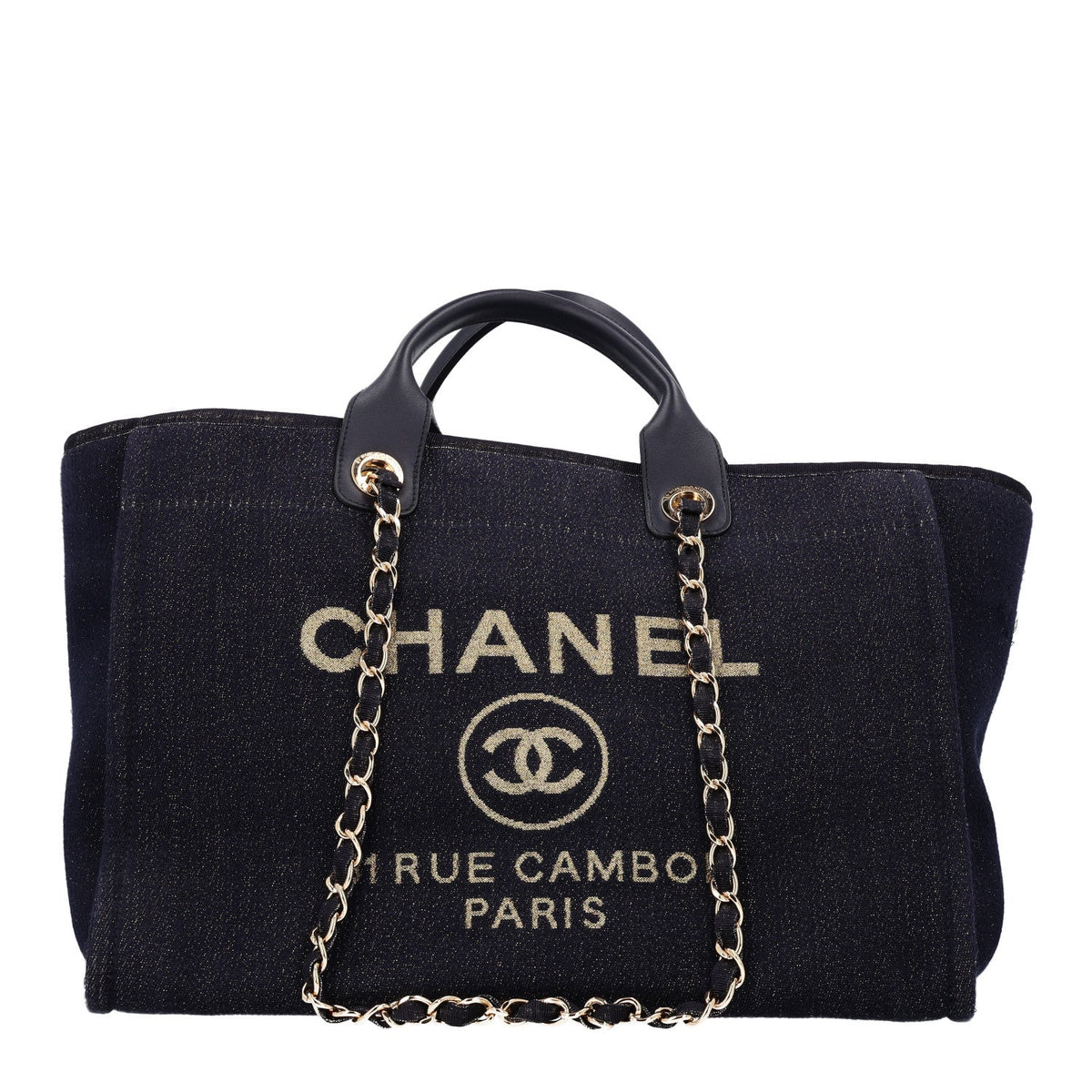 Lurex Canvas Medium Deauville Tote Navy Blue Gold