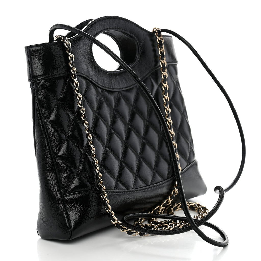 Shiny Crumpled Calfskin Quilted Mini 31 Shopping Bag Black