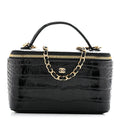 Calfskin Crocodile Embossed Crococo Small Top Handle Vanity Case With Chain Black