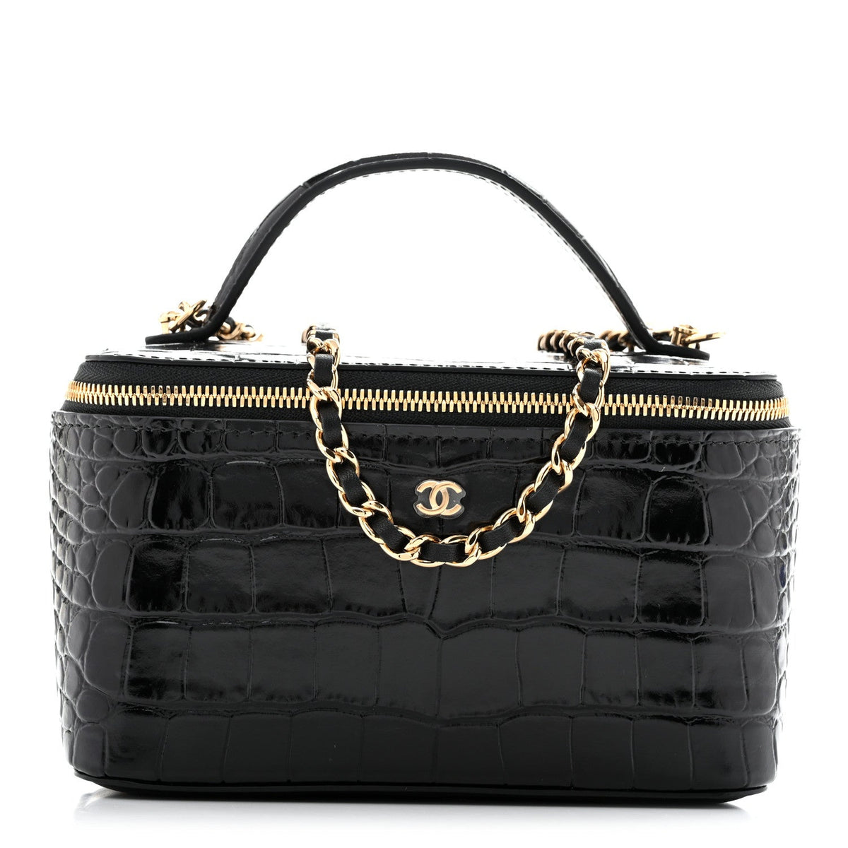 Calfskin Crocodile Embossed Crococo Small Top Handle Vanity Case With Chain Black