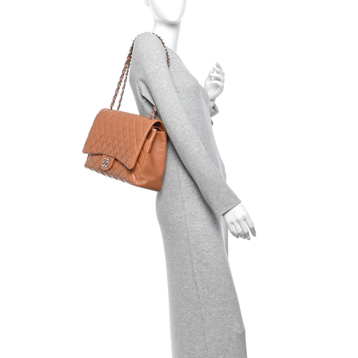 Caviar Quilted Maxi Double Flap Light Brown