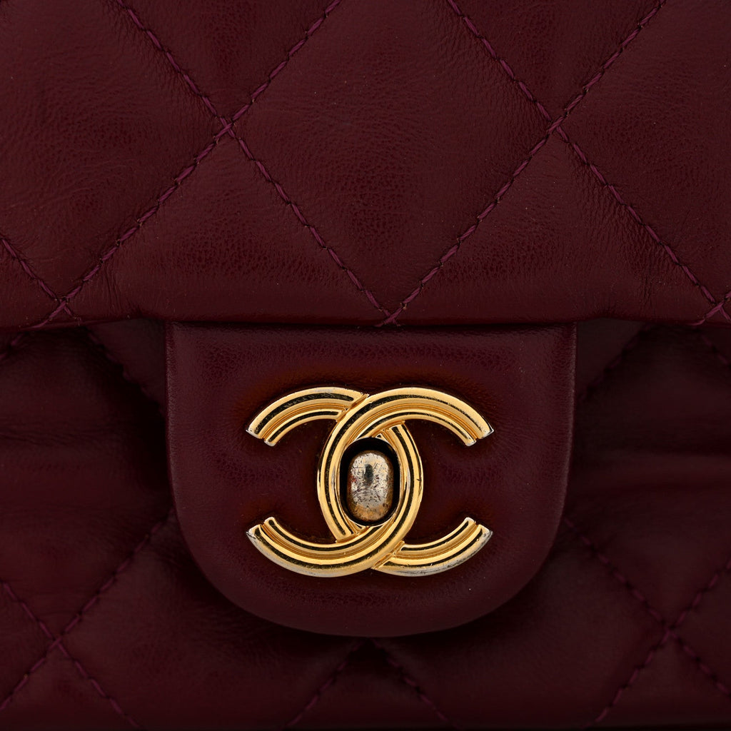 Shiny Lambskin Quilted Golden Links Top Handle Flap Dark Purple