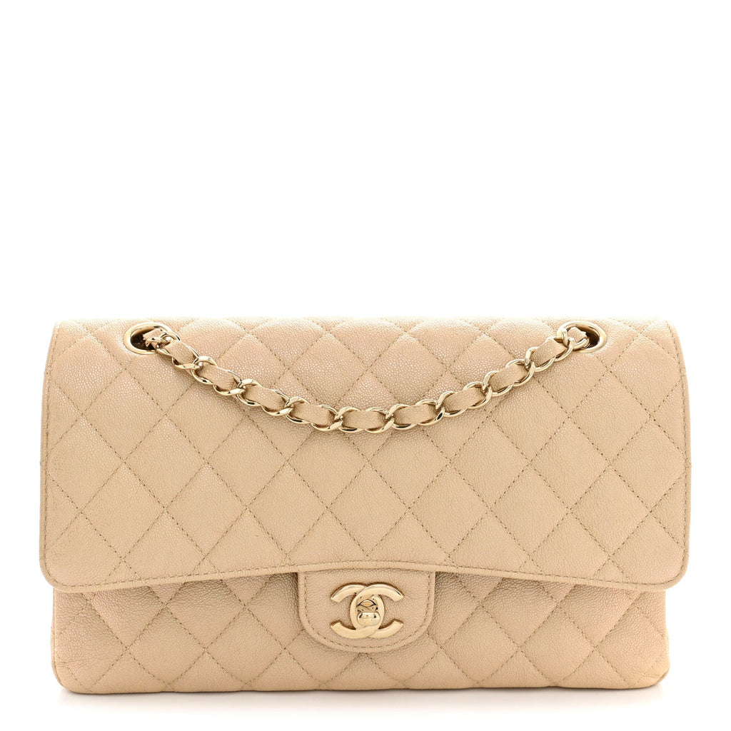 Iridescent Caviar Quilted Medium Double Flap Beige