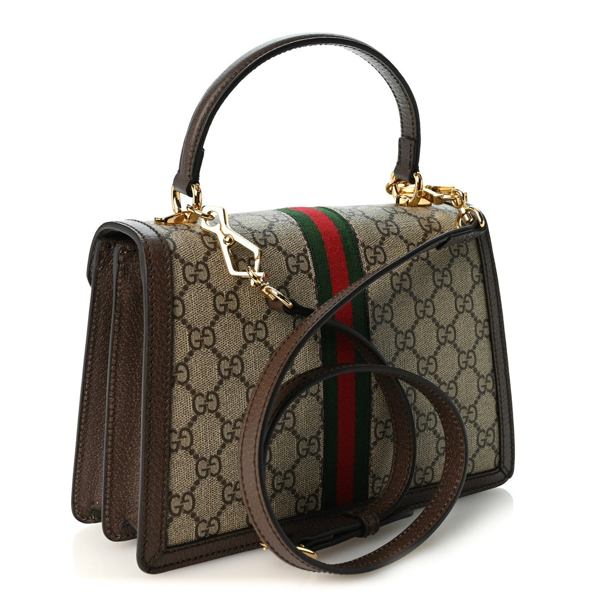 GG Supreme Monogram Textured Dollar Calfskin Web Small Ophidia Padlock Top Handle Bag Beige Ebony New Acero