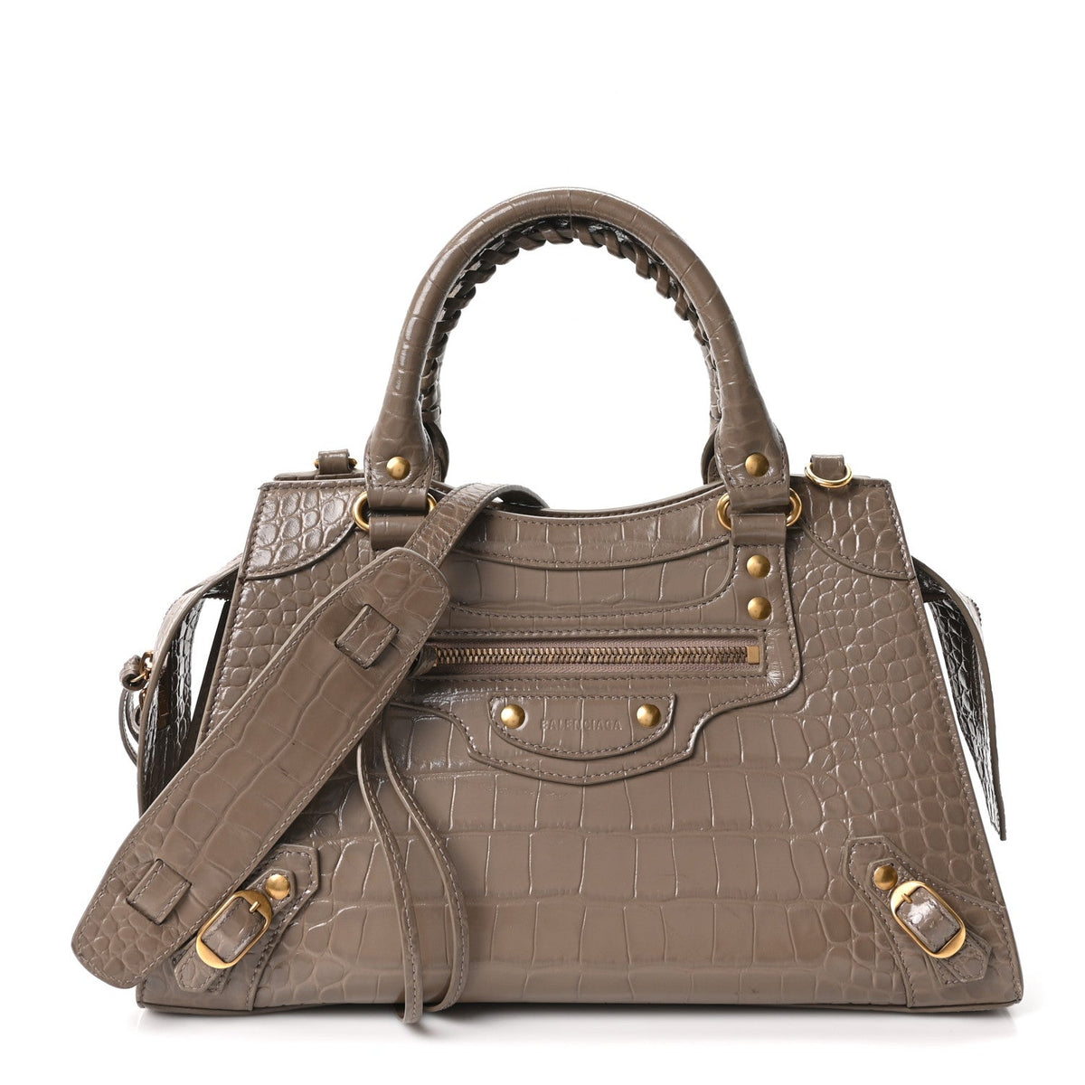 Shiny Supple Calfskin Crocodile Embossed Neo Classic Gold Hardware S City Mink Grey