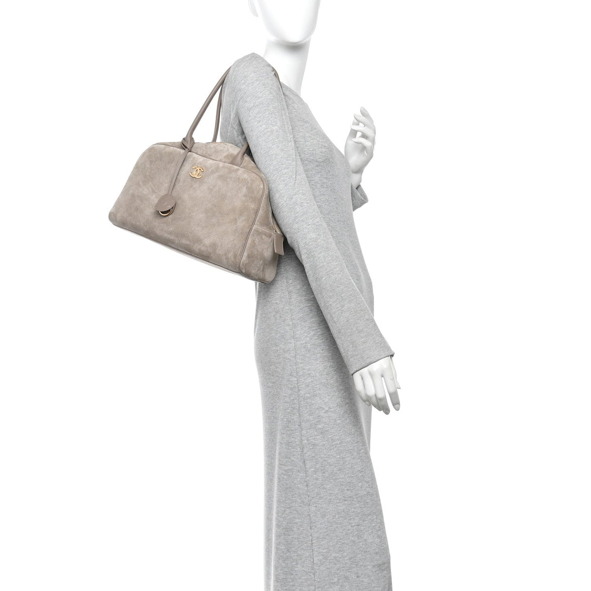 Suede Calfskin Large Perfect Bowling Bag Grey