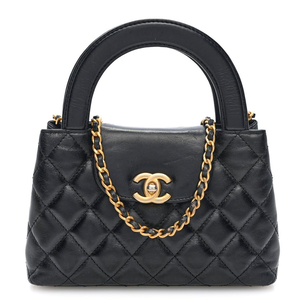 Shiny Aged Calfskin Quilted Mini Kelly Shopper Black