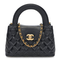 Shiny Aged Calfskin Quilted Mini Kelly Shopper Black