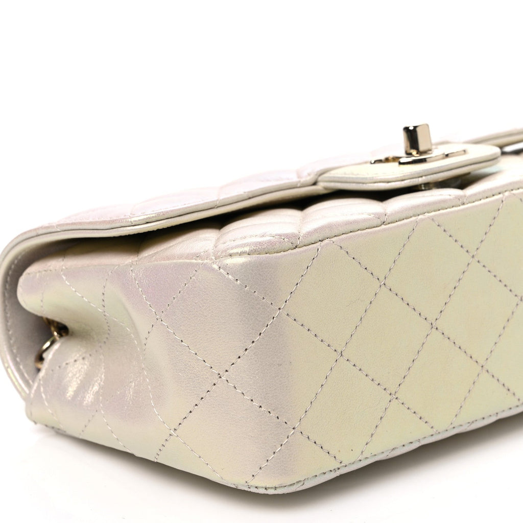 Iridescent Lambskin Quilted Mini Rectangular Flap Ivory