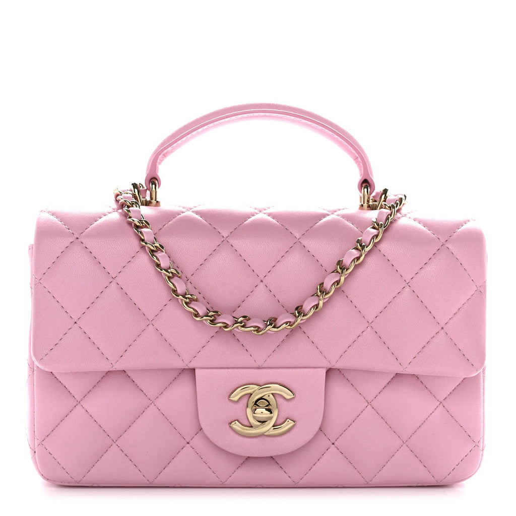 Lambskin Quilted Mini Top Handle Rectangular Flap Pink