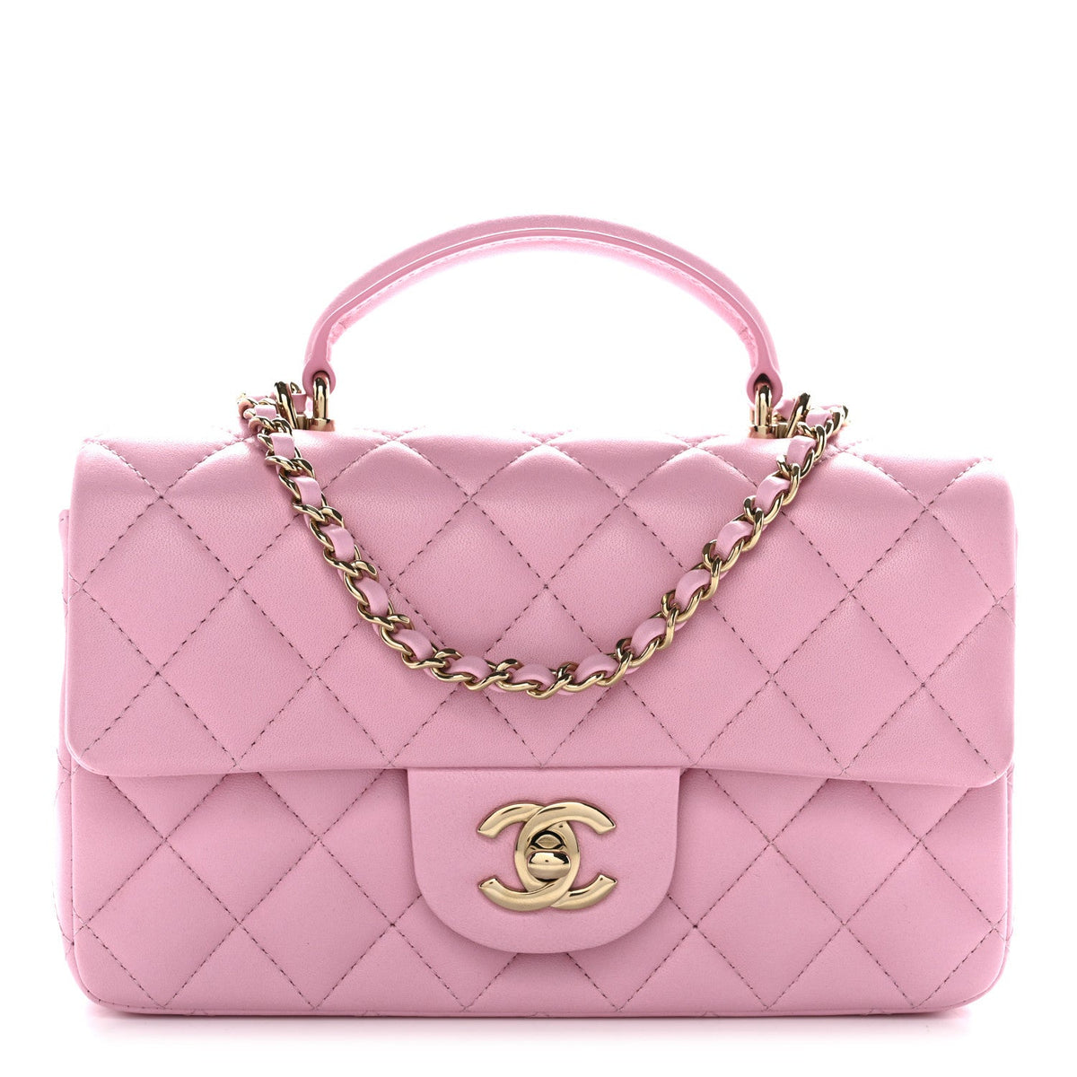 Lambskin Quilted Mini Top Handle Rectangular Flap Pink