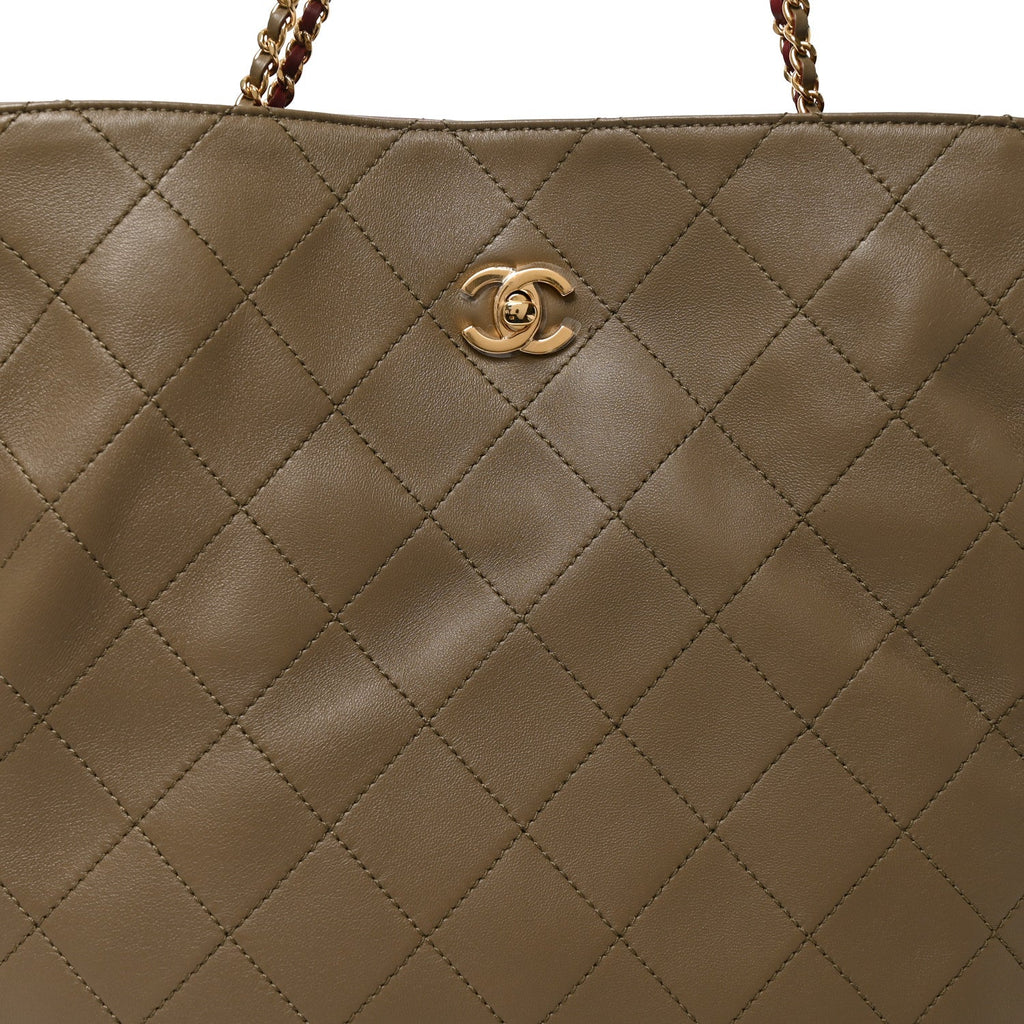 Lambskin Quilted Drawstring Shopping Bag  Dark Khaki