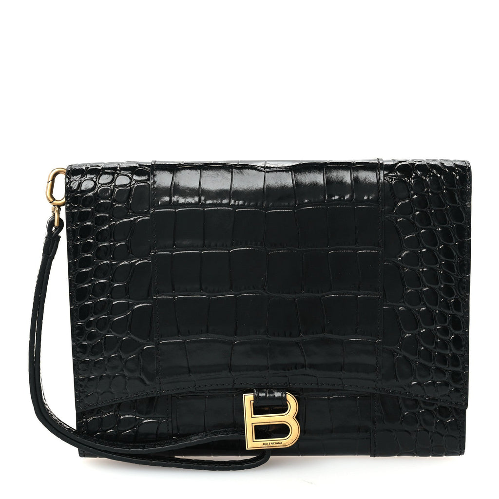Shiny Calfskin Crocodile Embossed Hourglass Gusset Pouch Black