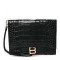 Shiny Calfskin Crocodile Embossed Hourglass Gusset Pouch Black