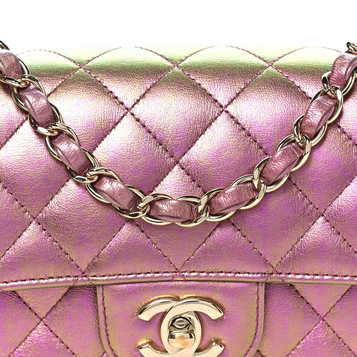 Iridescent Lambskin Quilted Mini Rectangular Flap Purple