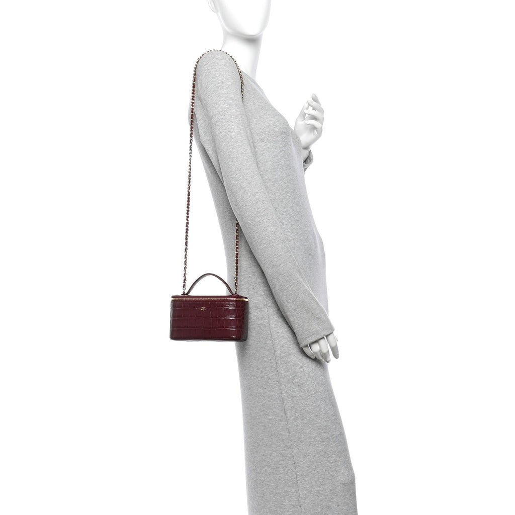 Calfskin Crocodile Embossed Crococo Small Top Handle Vanity Case With Chain Dark Burgundy
