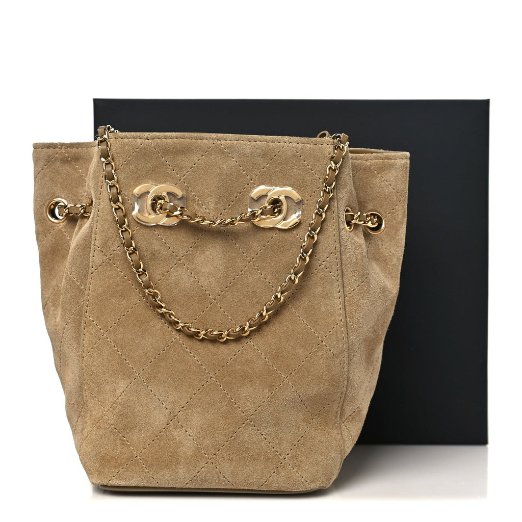 Suede Calfskin Quilted Mini Bucket Bag With Chain Dark Beige