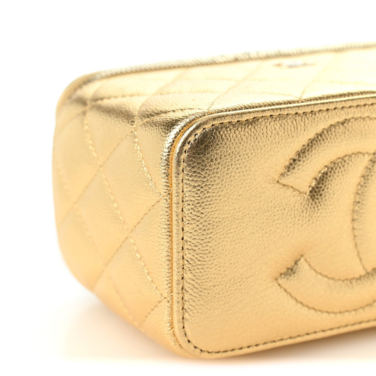 Metallic Caviar Quilted Small Vanity Case With Chain Gold