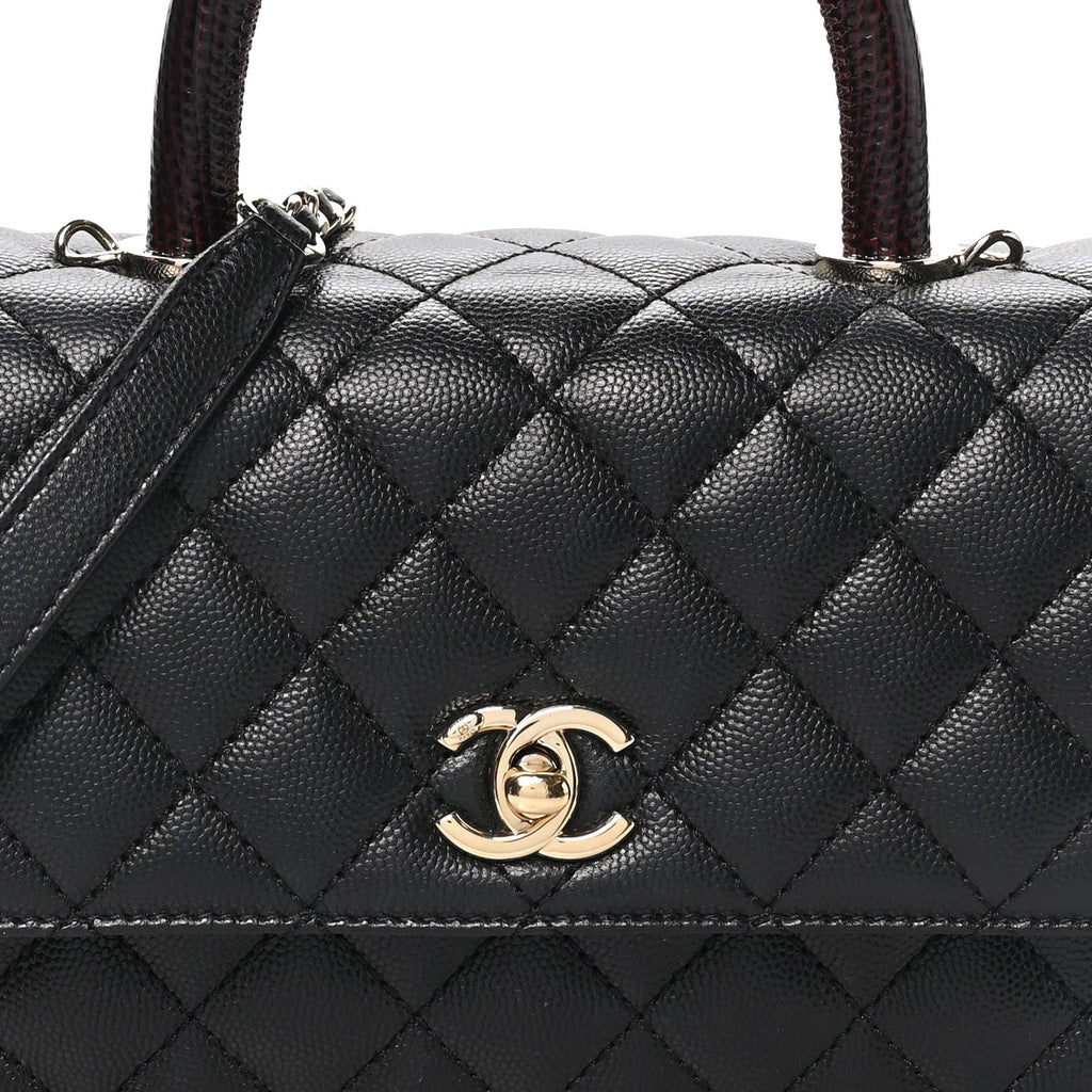 Caviar Quilted Lizard Embossed Mini Coco Handle Flap  Black