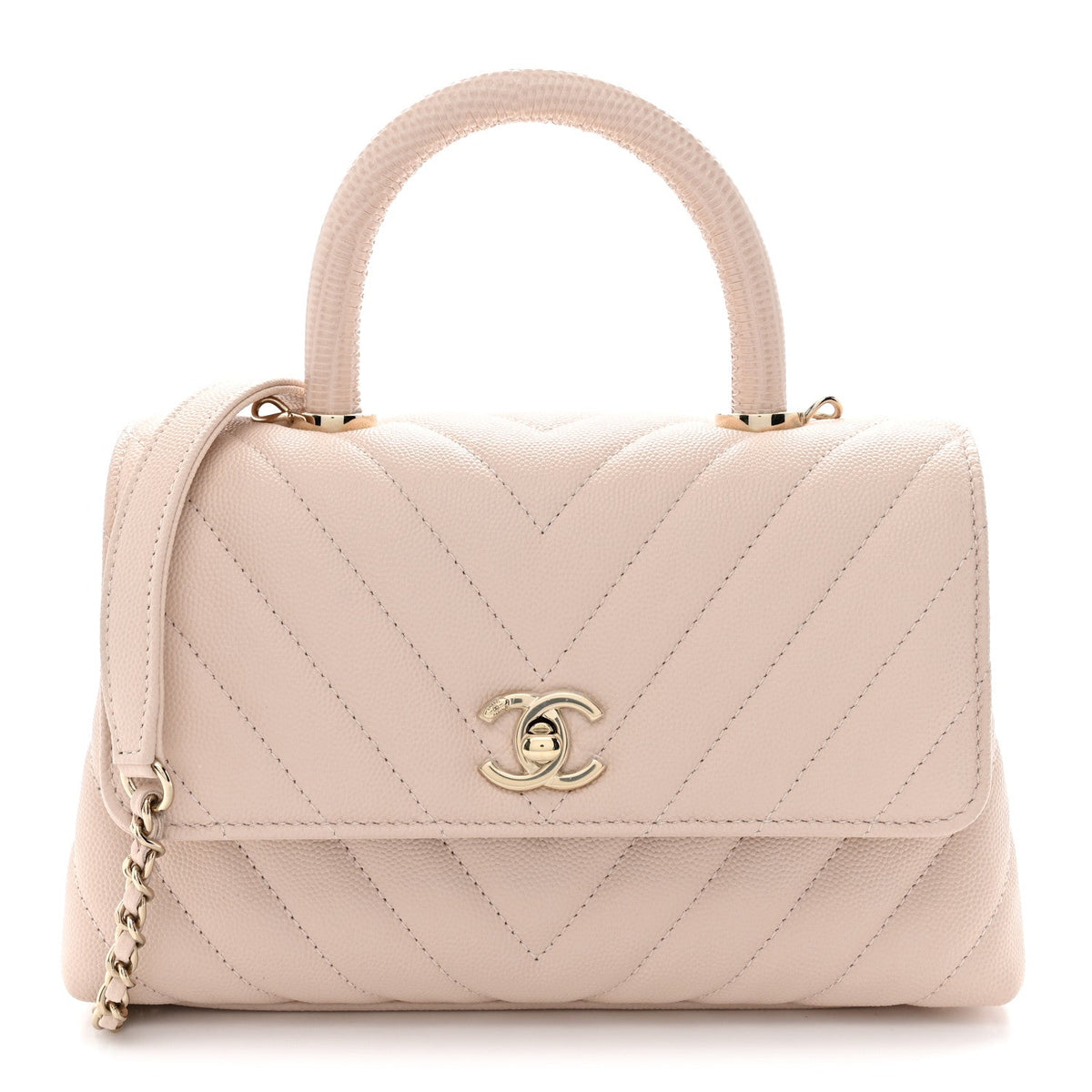 Caviar Lizard Embossed Chevron Quilted Mini Coco Handle Flap Beige