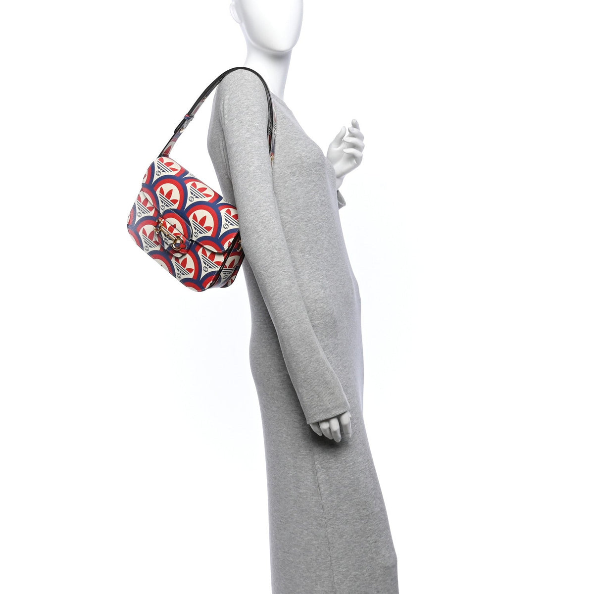 X ADIDAS Shangai Calfskin Web Trefoil Interlocking G Small Horsebit 1955 Shoulder Bag Red White Blue