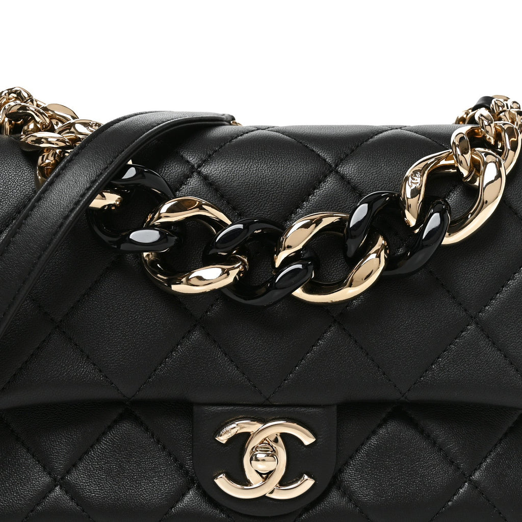 Lambskin Quilted Resin Bi-Color Chain Flap Bag Black