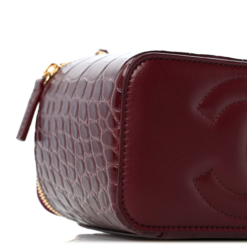 Calfskin Crocodile Embossed Crococo Small Top Handle Vanity Case With Chain Dark Burgundy