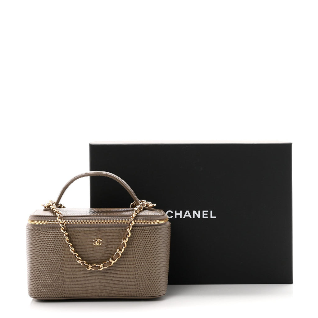 Calfskin Lizard Embossed Top Handle Vanity With Chain Dark Khaki