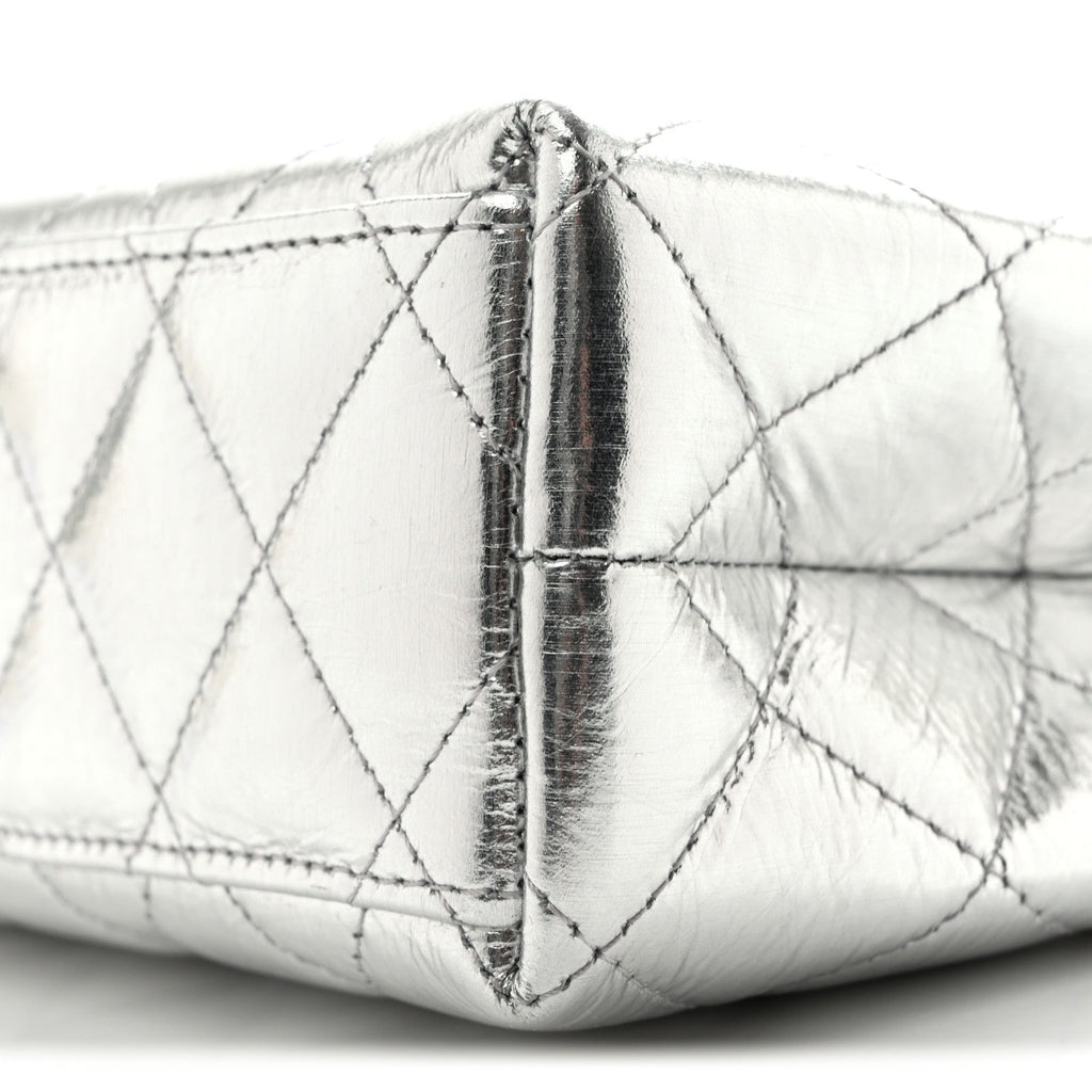 Metallic Aged Calfskin Quilted Nano Kelly Shopper Silvery