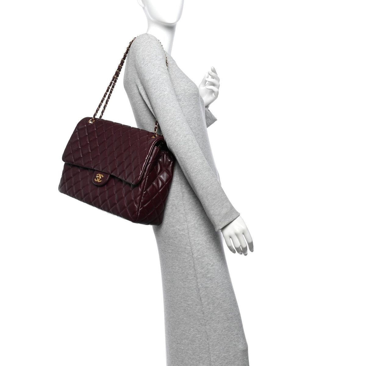 Grained Calfskin Quilted XXL Travel Flap Bag Burgundy