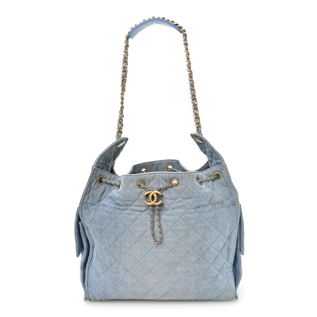 Washed Denim Quilted Medium Chanel 25 Handbag Blue