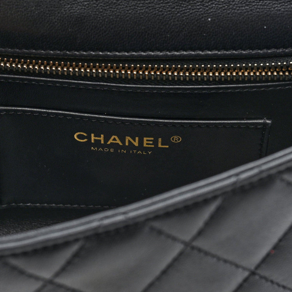 Lambskin Quilted Pearl Handle Flap Black