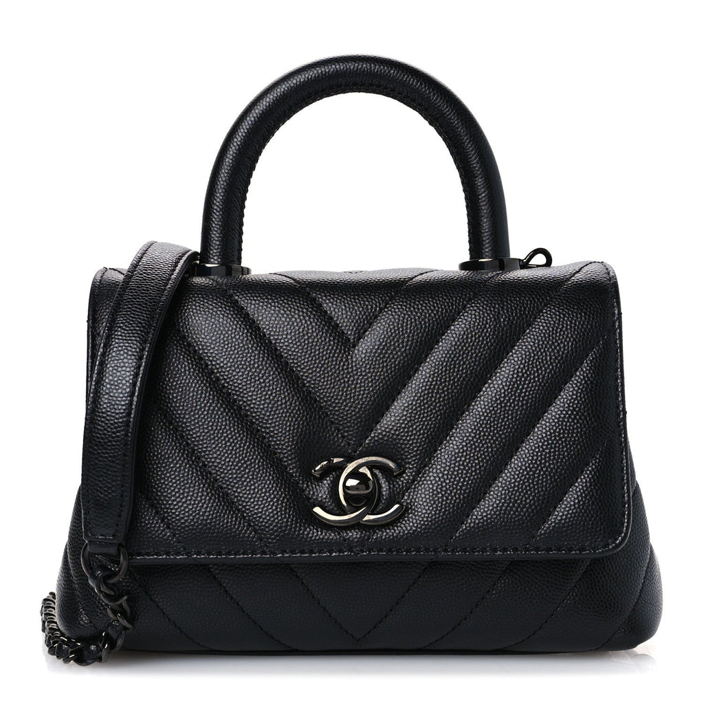 Caviar Chevron Quilted Extra Mini Coco Handle Flap So Black
