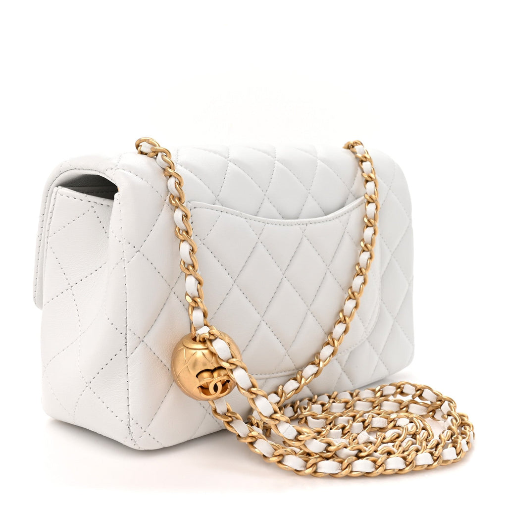 Lambskin Quilted Mini Rectangular Pearl Crush Flap White