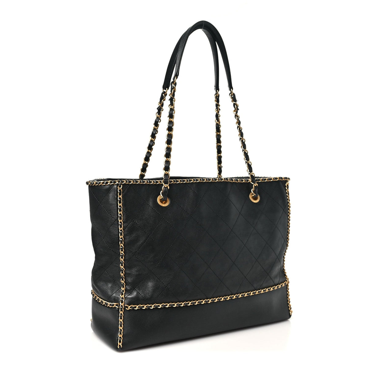 Calfskin Quilted Chain Lines Shopping Tote Black