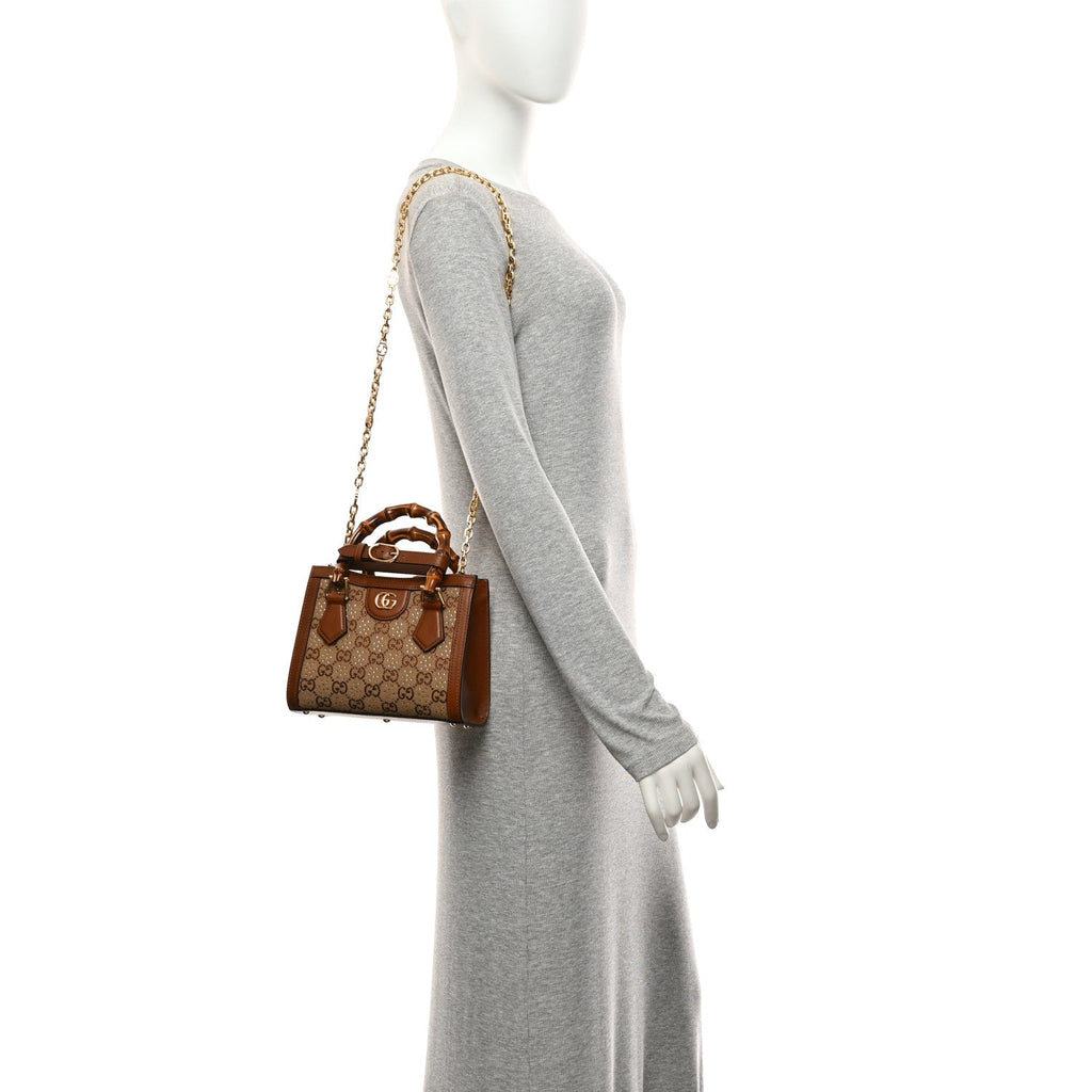 New Canvas Charisma Calfskin Crystal GG Monogram Mini Diana Tote Bag Camel Ebony