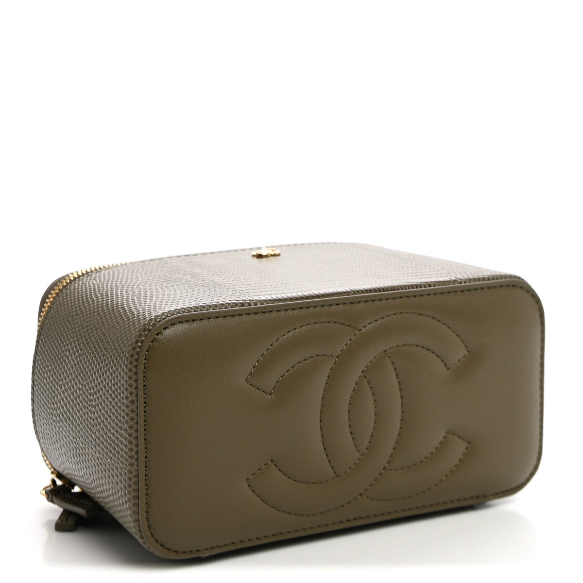 Calfskin Lizard Embossed Top Handle Vanity With Chain  Dark Khaki