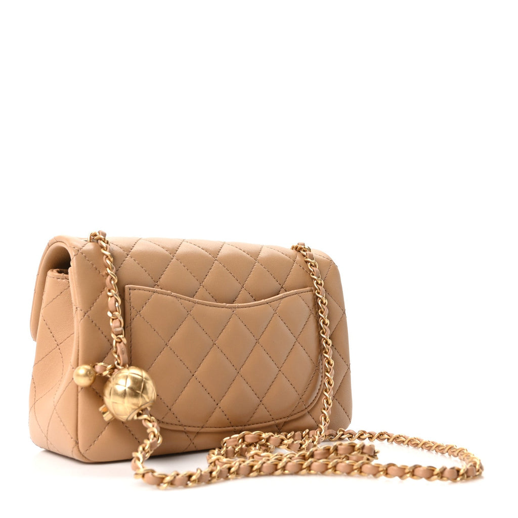Lambskin Quilted Mini Rectangular Pearl Crush Flap Dark Beige