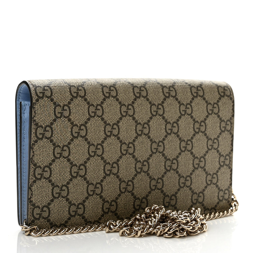 GG Supreme Monogram Textured Dollar Calfskin Mini GG Marmont Chain Wallet Light Pink Blue Beige