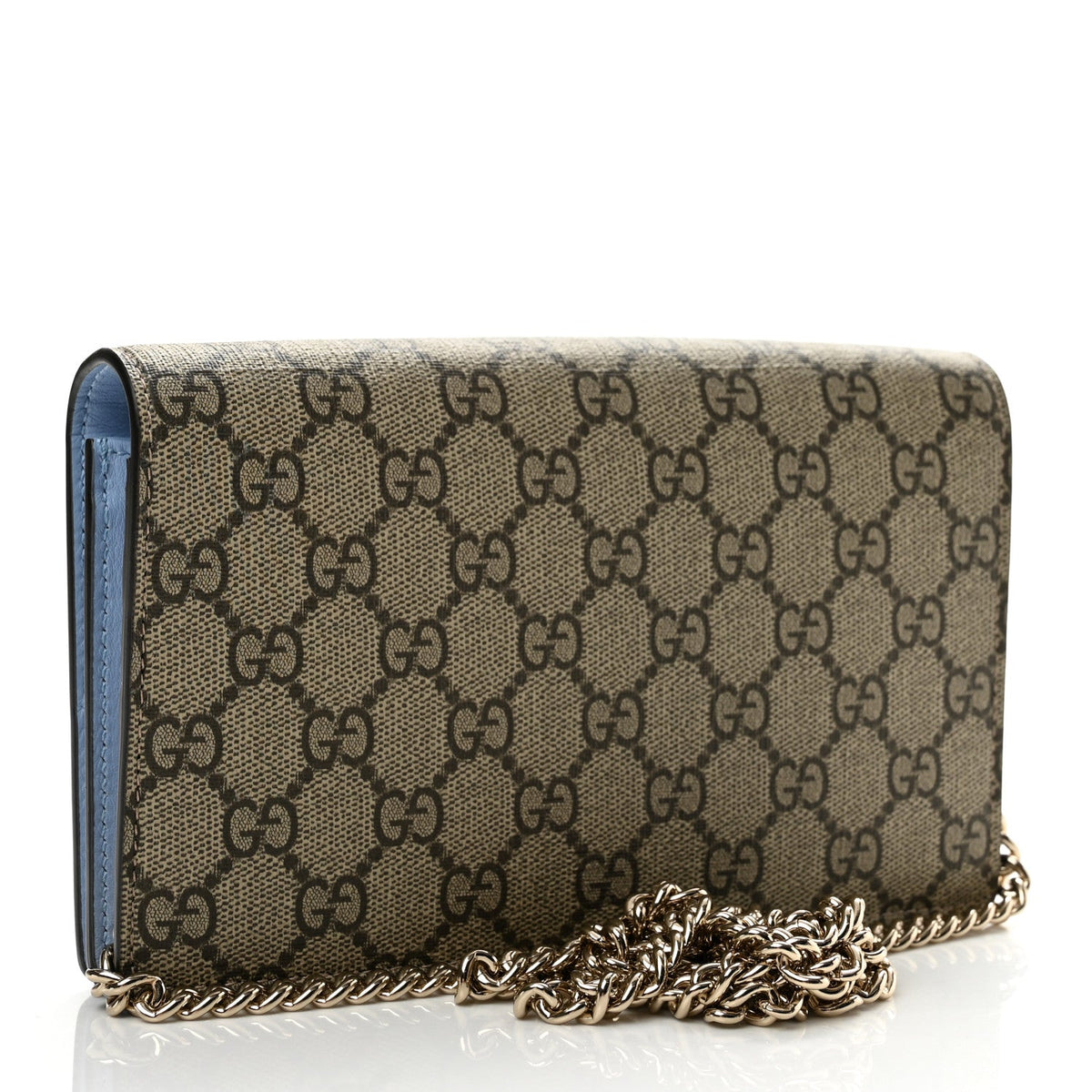 GG Supreme Monogram Textured Dollar Calfskin Mini GG Marmont Chain Wallet Light Pink Blue Beige
