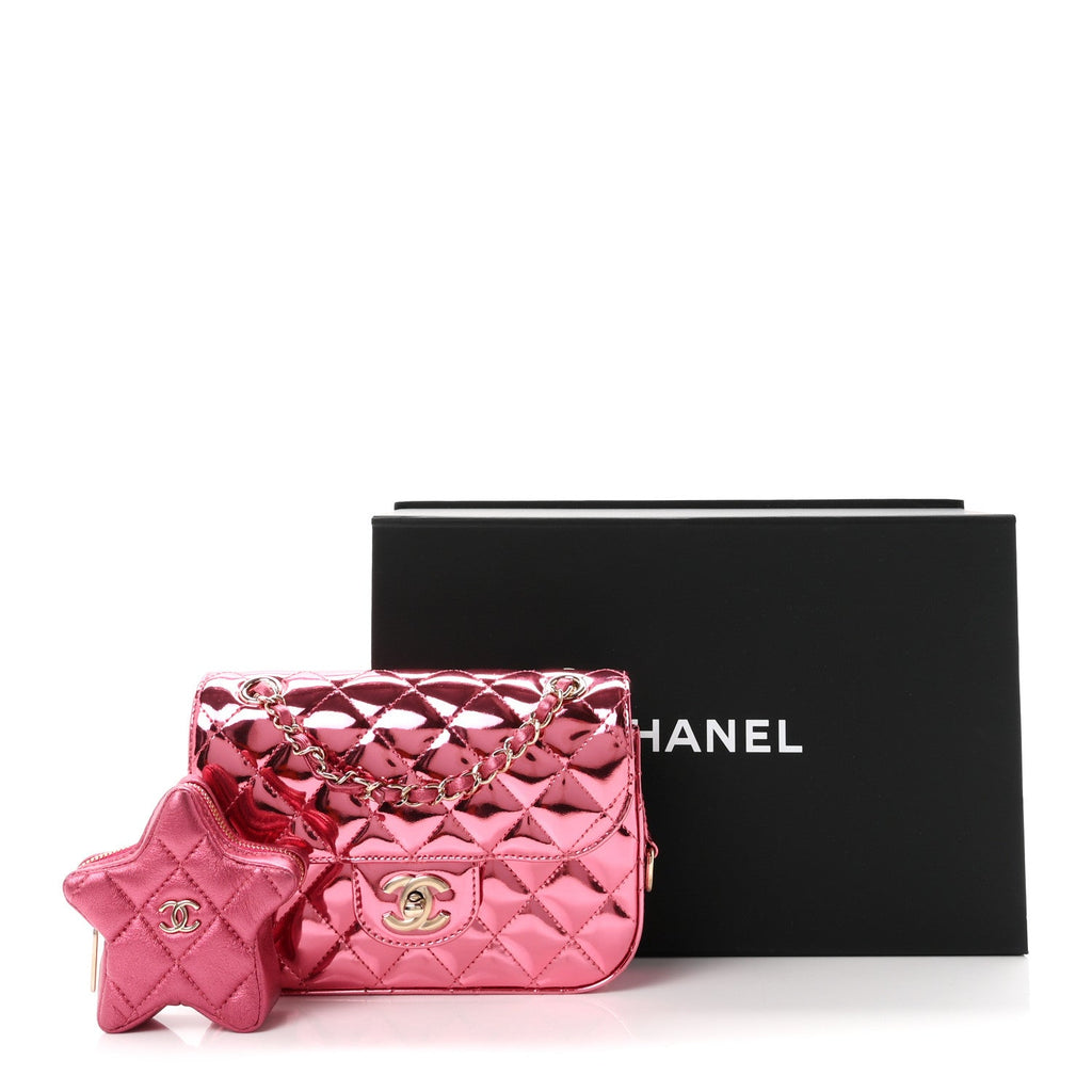 Mirror Calfskin Metallic Lambskin Quilted Hollywood Boulevard Mini Flap With Star Coin Purse Pink